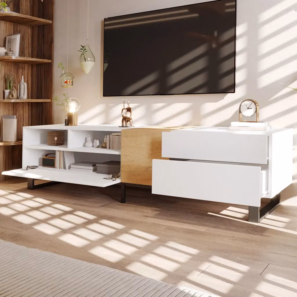 Mobile TV moderno WISHDOR per soggiorno, bianco e legno, L: 180 cm, P: 50 cm, H: 38 cm – 2