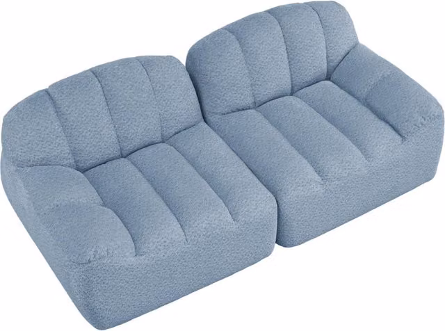 Divano modulare 2 posti blu senza struttura, con cuscini profondi e forma ergonomica a conchiglia