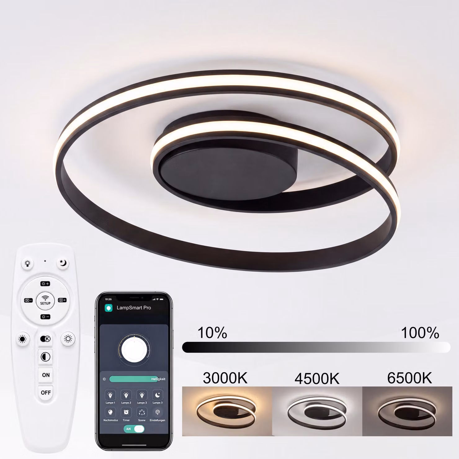 Lampada a soffitto LED intelligente da 50 cm, colore nero, lampada da soffitto moderna con telecomando e controllo tramite app, dimmerabile da 3000 a 6500K, funzione di memorizzazione, luce notturna e