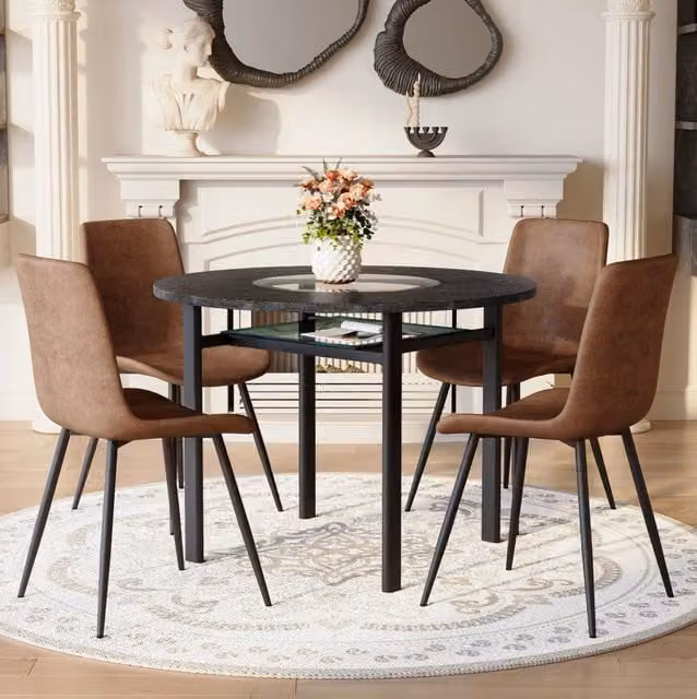 Set tavolo rotondo 100 cm con 4 sedie, legno nero e tessuto marrone, soggiorno