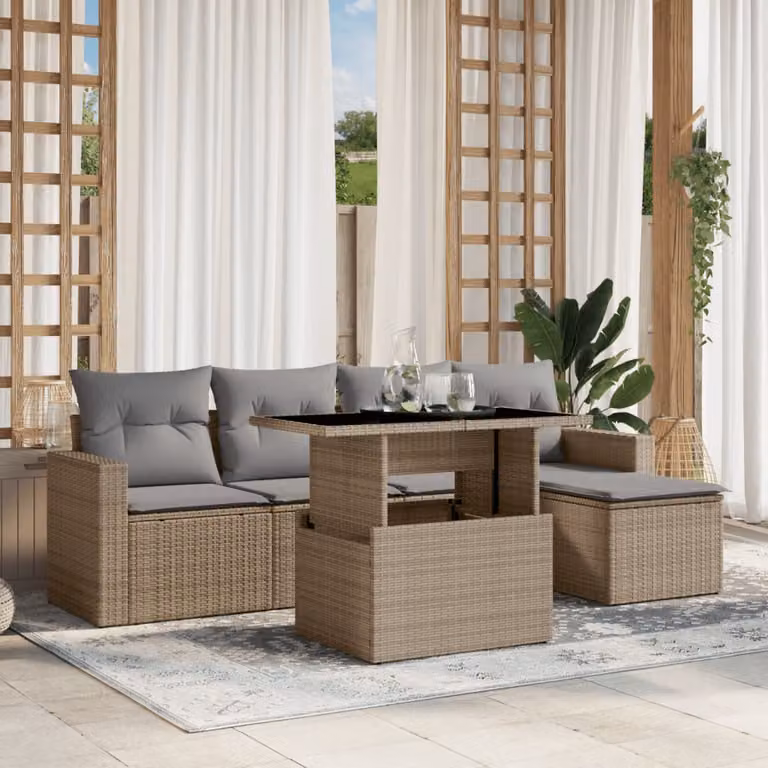 Set Divano da Giardino 6 pz vidaXL con Cuscini Beige e Grigio in Polyrattan e Acciaio