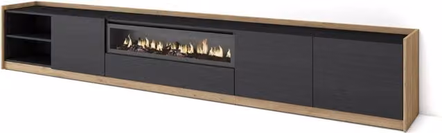 Mobile TV Soggiorno, 310x50x37 cm, Per TV fino a 80", Camino elettrico, Nero e rovere
