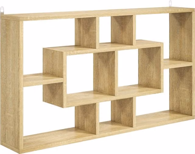 Scaffale da parete HOMCOM con 8 ripiani in legno, colore rovere, ideale per il soggiorno, L: 85 cm, P: 14,5 cm, H: 47,5 cm – 1