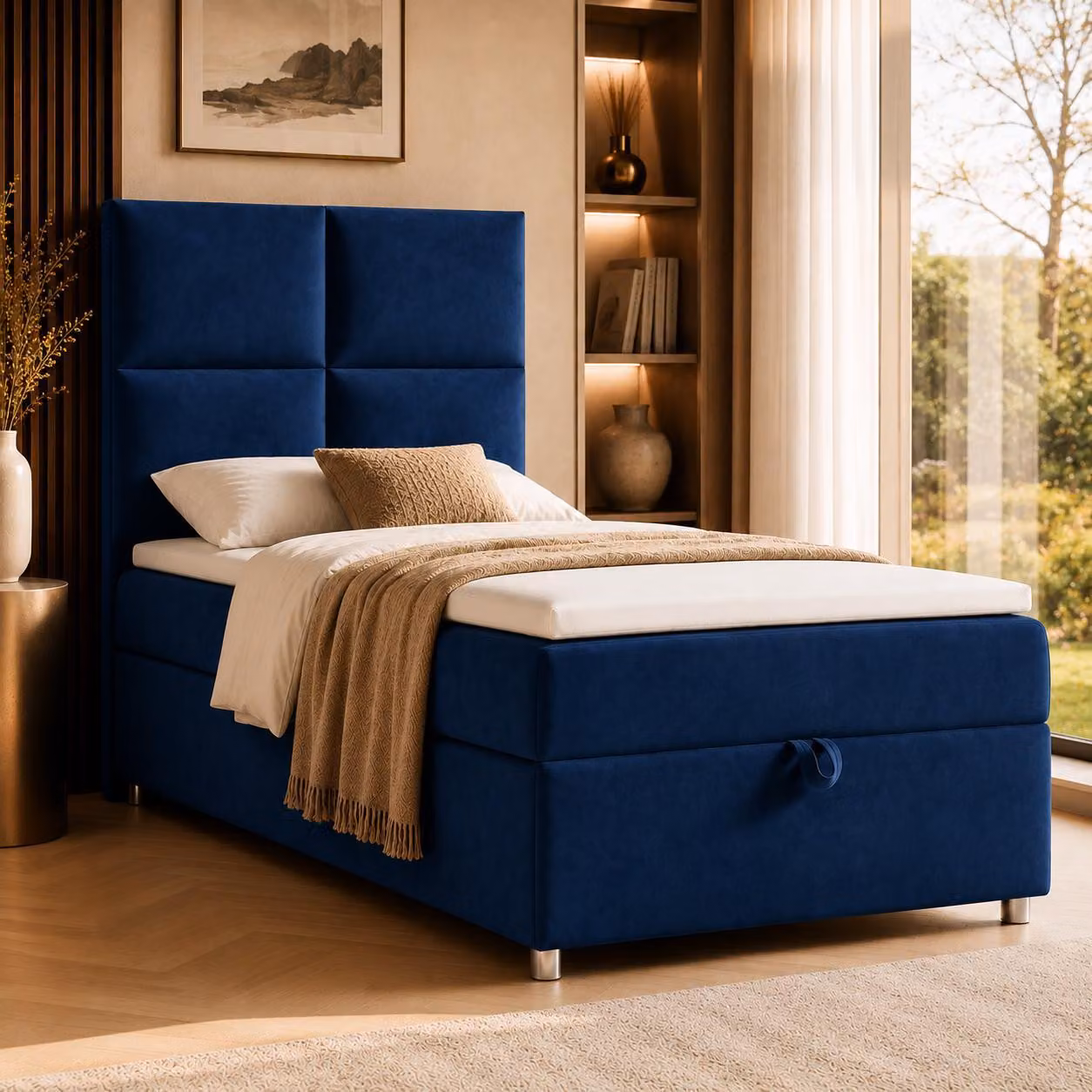 Best for Home Letto boxspring con contenitore Trinity K2-SINGLE 100x200 Materasso a molle Bonell incl. topper – Blu