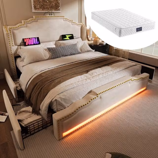 Letto Contenitore Imbottito con LED ¨C MINIMAL ¨C Velluto Beige, 140x200, 4 Cassetti, con Materasso