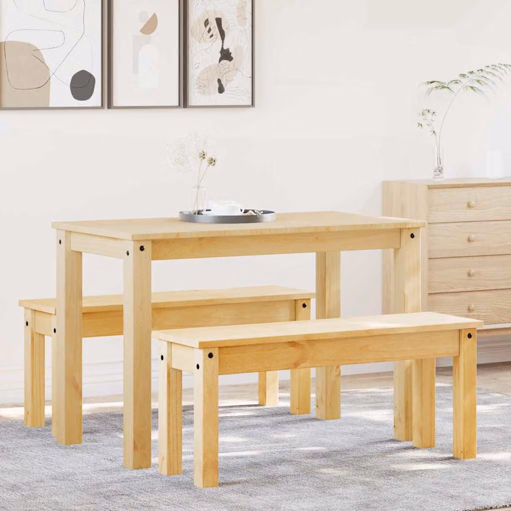 vidaXL Set da Pranzo Panama in Legno di Pino Marrone, Composto da Tavolo Rettangolare e 2 Panchine