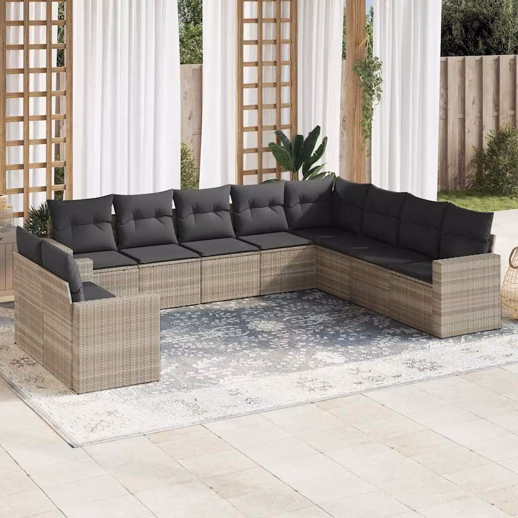 vidaXL Set Divano da Giardino a L in Polyrattan Grigio con 10 Pezzi e Cuscini Imbottiti – 1