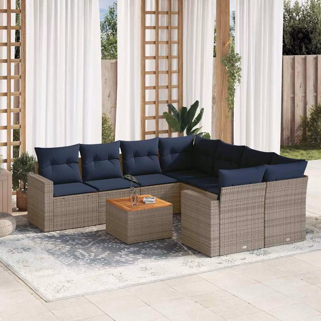 Set di divani da giardino vidaXL in polyrattan grigio con 9 pezzi e cuscini imbottiti – 1