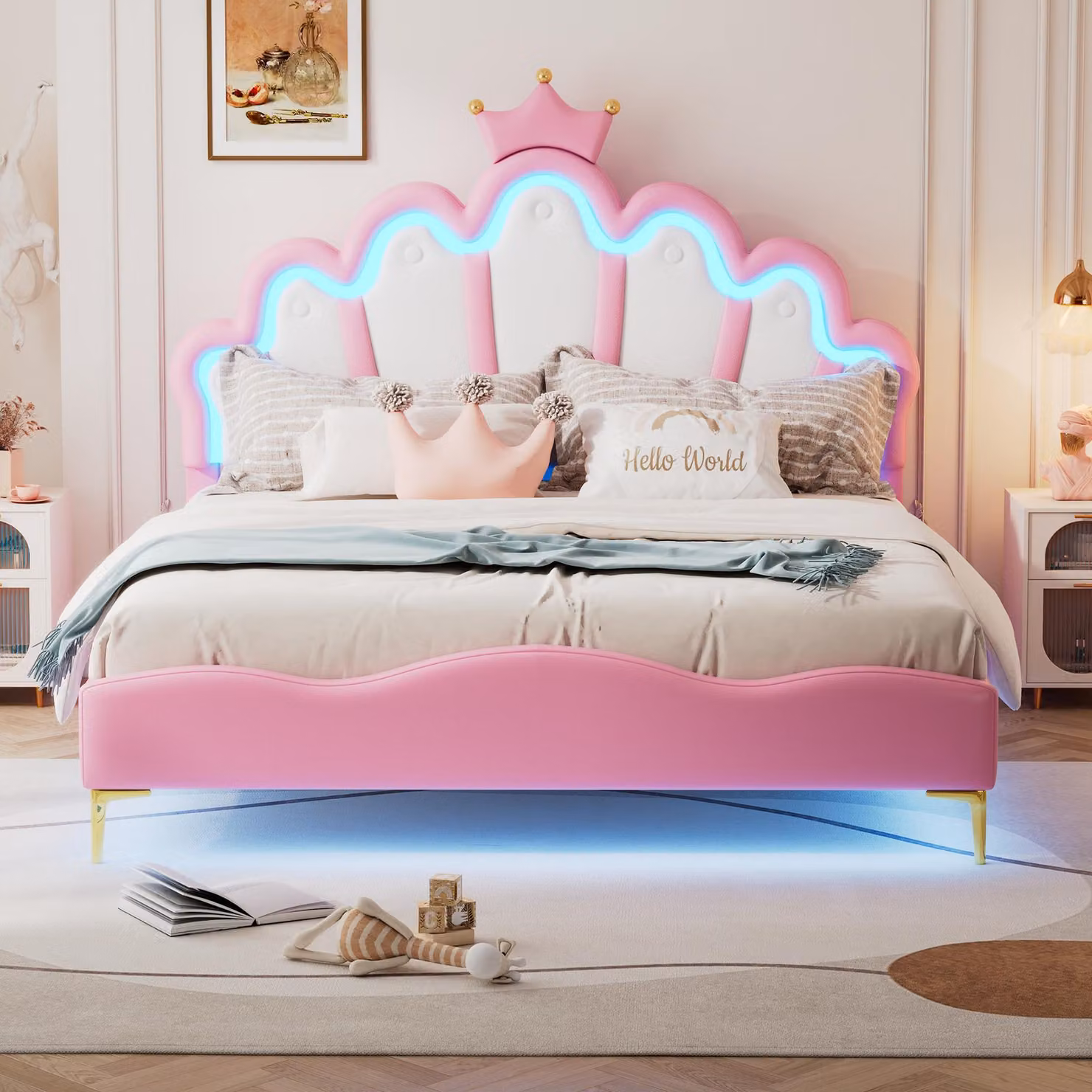 Letto imbottito 140 x 200 cm con testiera a forma di , motivo nuvole e illuminazione LED controllabile tramite app, rivestito in ecopelle, con regolazione dell'altezza, colore rosa