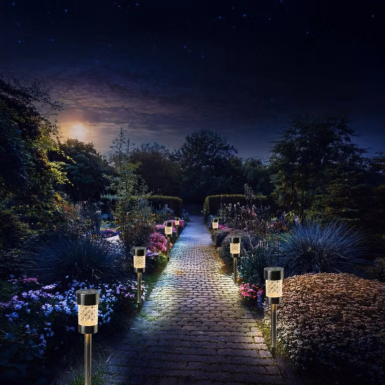 Lampioni solari a LED da esterno, con picchetto da terra - acciaio inossidabile - LED bianco caldo - altezza: 15 cm - argento - set da 10