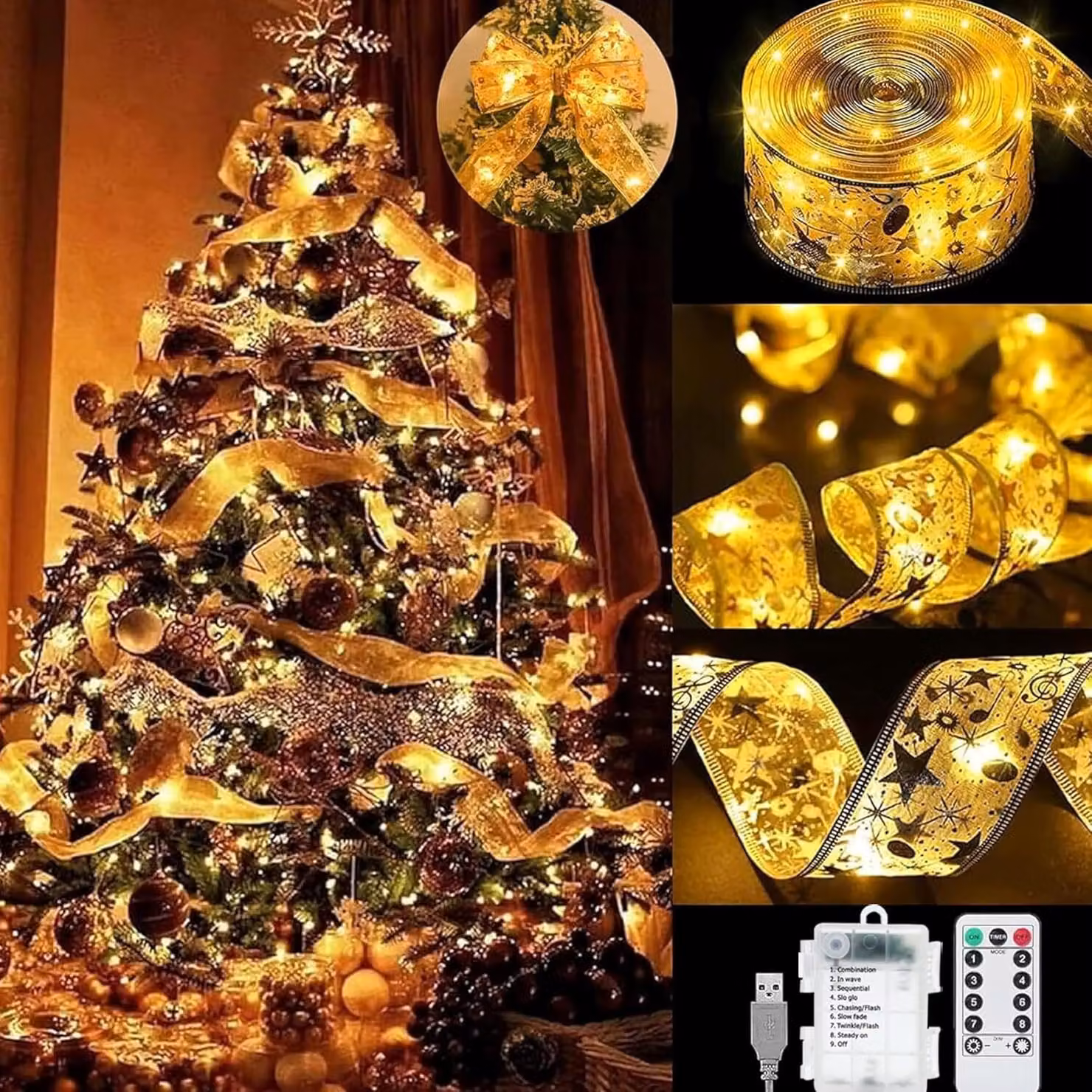 10 m di luci natalizie a nastro, luci natalizie a LED, ghirlanda luminosa natalizia, 8 modalità, telecomando, per festività, feste, matrimoni, nastro dorato/bianco caldo