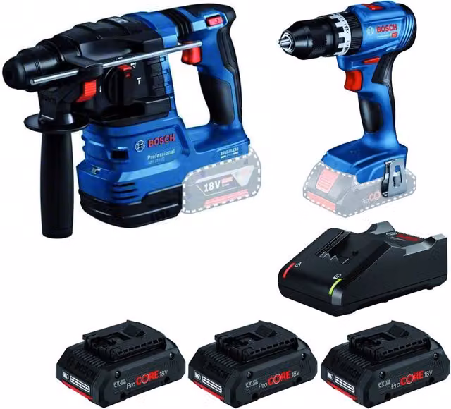 Kit Bosch 18V composto da Martello GBH 18 V 22, Trapano GSB 18 V 45 e Set di Ricarica Blu