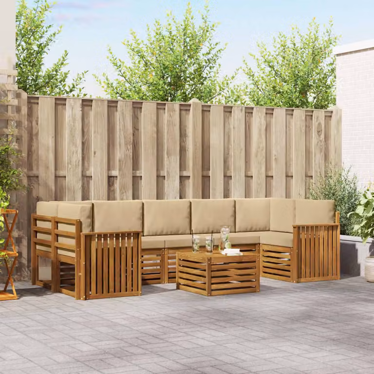 Set di divani da esterno vidaXL 8 pz in legno di acacia con tavolo da caffè e cuscini, beige e naturale