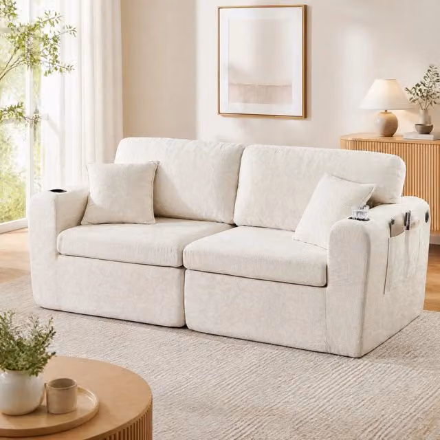 Divano relax 2 posti salvaspazio in ciniglia beige con tasche laterali e portabicchieri HOMVRA