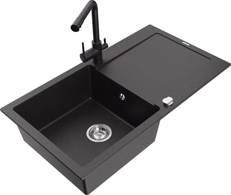 Mexen Leo lavello in granito con una vasca e scolapiatti e miscelatore cucina Duero, nero/oro metallizzato - 6501-75-671600-70