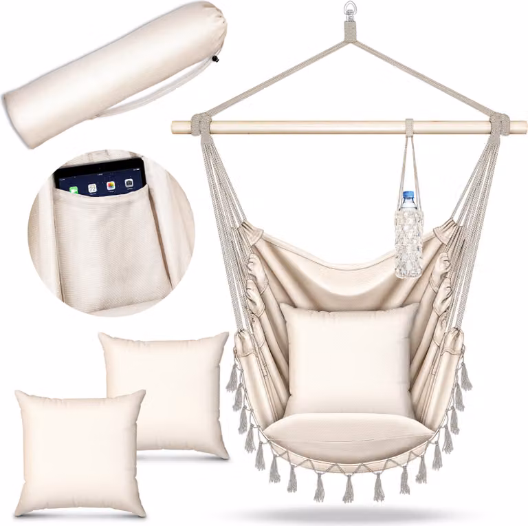 tillvex hanging chair beige 2 cuscini da appendere | hanging chair con portabicchieri e scomparto per libri | hanging seat resistente alle intemperie - indoor & outdoor | cestino da appendere con borsa per adulti e bambini