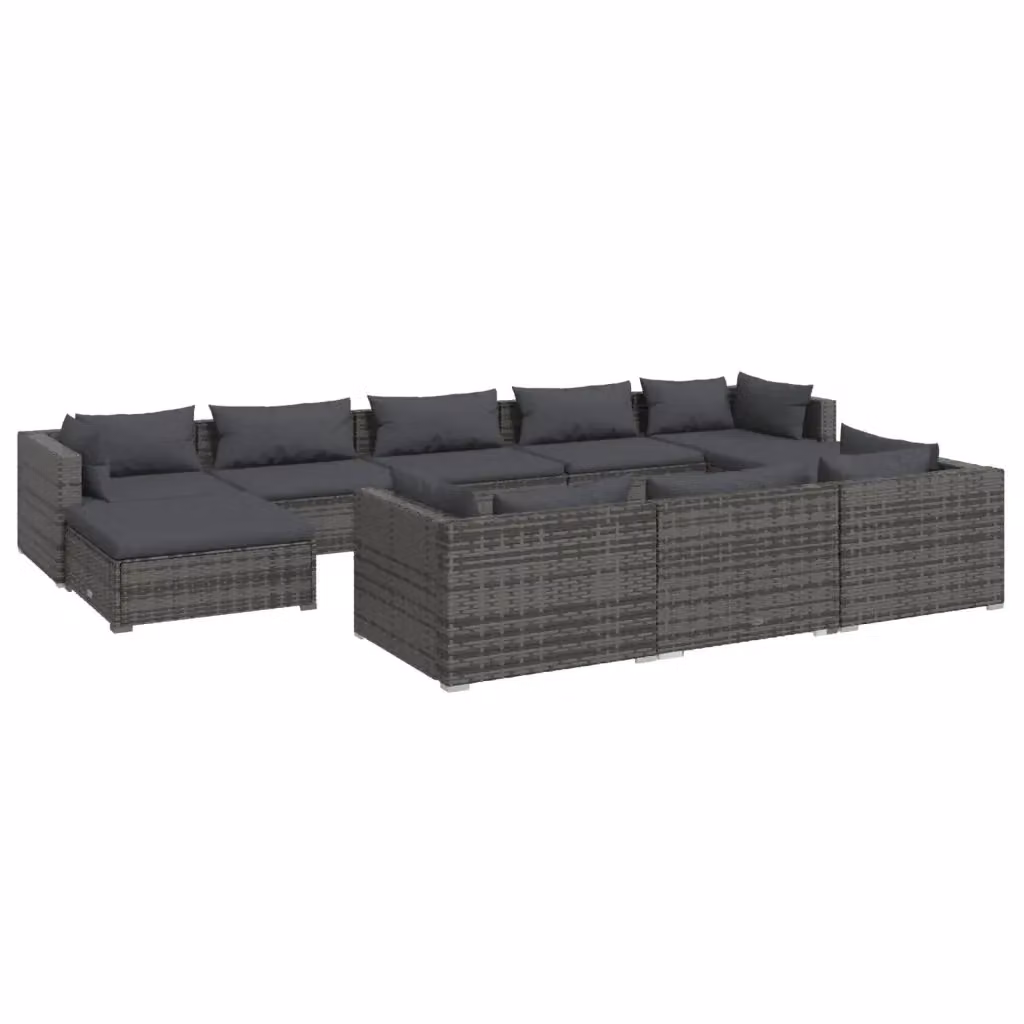 vidaXL Set Divani da Giardino 10 pz in Polyrattan Grigio Antracite con Cuscini e Struttura in Acciaio – 2