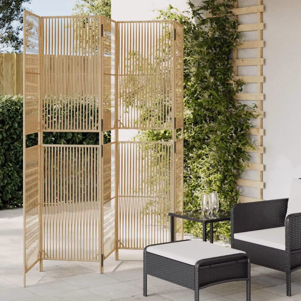 Divisorio per ambienti vidaXL a 5 pannelli in polyrattan e metallo, colore beige, H: 200 cm, L: 245 cm