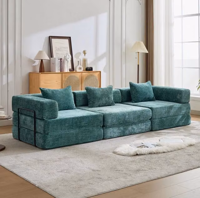 Divano Letto Modulare in Ciniglia Pieghevole Verde Scuro per Soggiorno e Camera da Letto