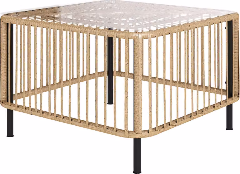 Tavolo da giardino in polyrattan, 65 x 65 x 43 cm, tavolino resistente alle intemperie, tavolo da patio quadrato con piano in vetro, tavolino da caffè, tavolo da balcone, mobili da giardino per giardino, terrazza, balcone, legno naturale