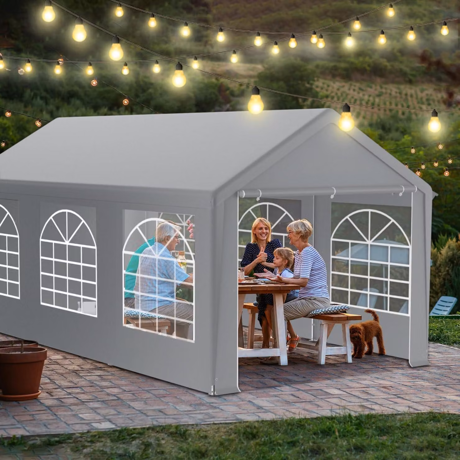 Tenda da festa 3x6 metri, grigia, impermeabile, resistente ai raggi UV, con struttura in acciaio, dotata di 6 pareti laterali con finestre
