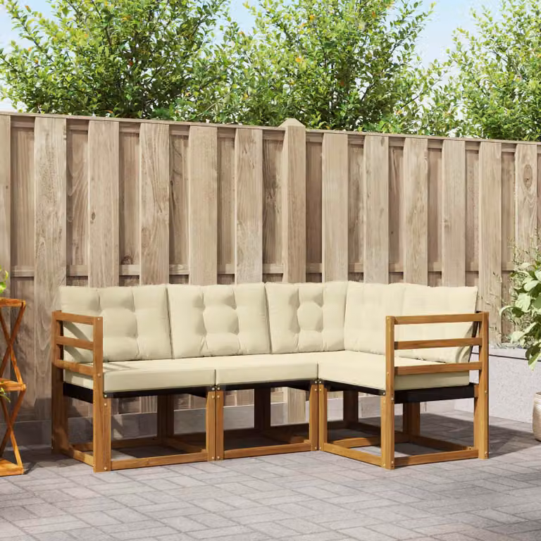 Set di divani da esterno vidaXL a forma di L in legno di acacia trattato e textilene, 4 pezzi, Beige, Bianco e Marrone