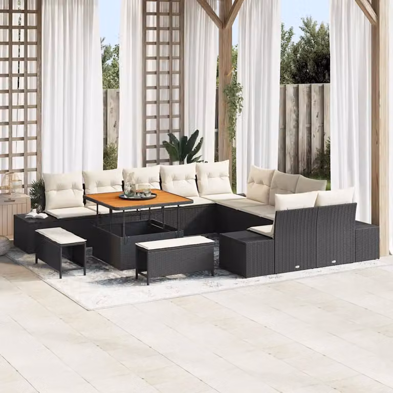Set Divano da Giardino vidaXL 13 Pezzi a Forma di U con Tavolino e Pouf Nero