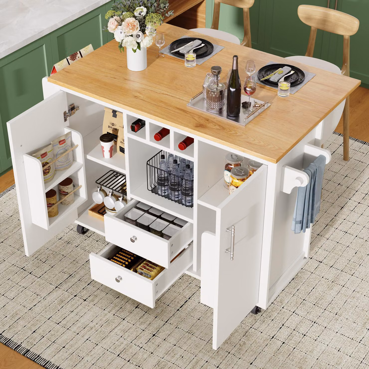 Isola da cucina STILVORA con ruote, mobile da cucina multifunzionale con portasciugamani, ripiano per spezie e scaffale per vino, carrello da cucina con piano di lavoro pieghevole, bianco