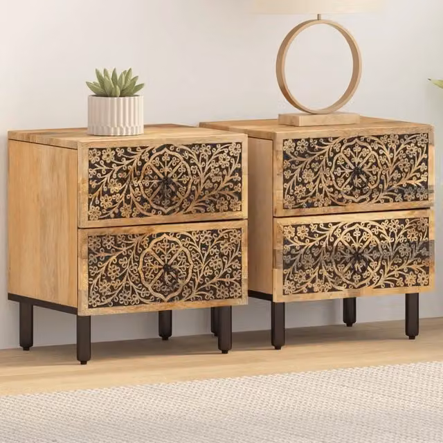 Set di 2 comodini vidaXL in legno di mango e metallo, stile retro, colore marrone, L 40 cm x P 33 cm x H 46 cm