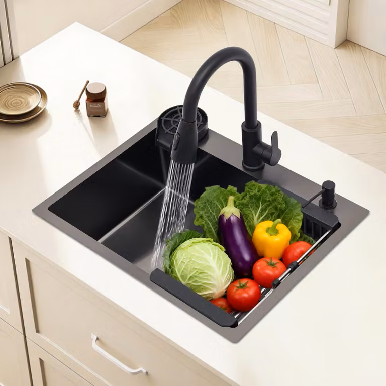 Lavello da cucina, vasca singola - 60x45 cm, nero - Acciaio inossidabile - Con rubinetto estraibile