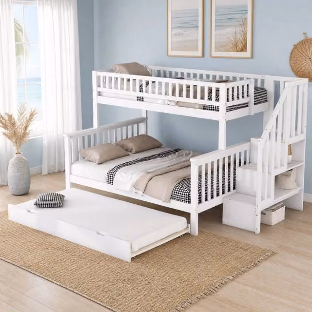 Letto a castello Mivray in legno bianco con letto estraibile, scala contenitore e rete a doghe, dimensioni L/P/H: 240 x 160 x 120 cm e 90 x 200 cm