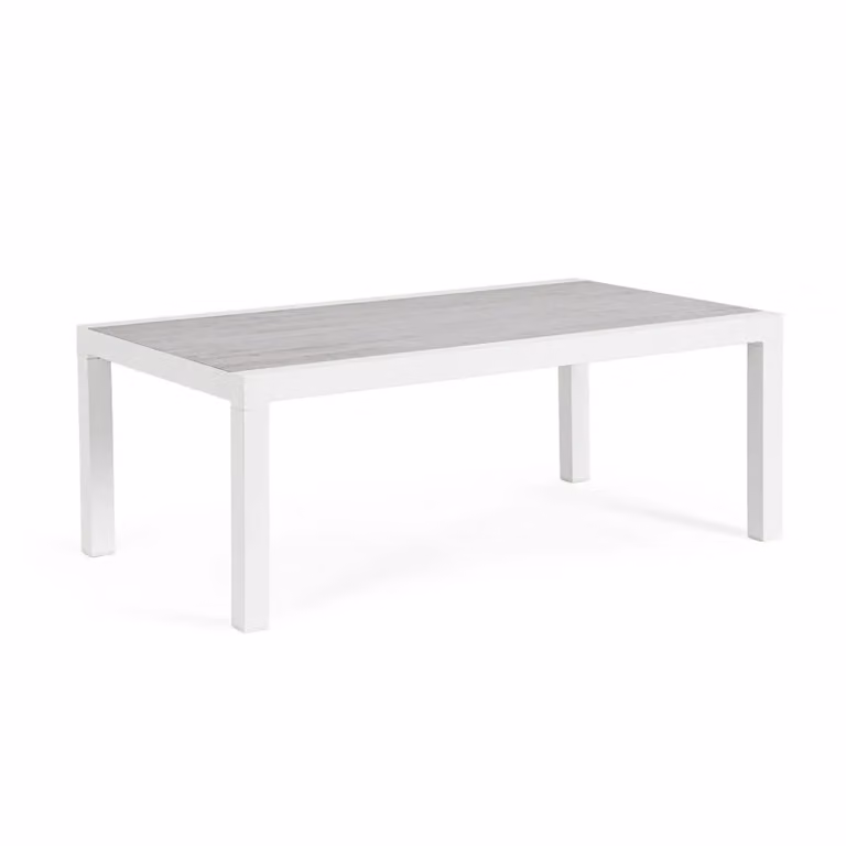 Tavolino da giardino OVIEDO con piano in ceramica e struttura in alluminio bianco, 120×70 cm