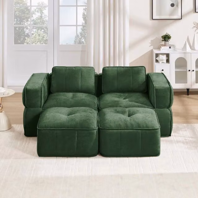 Divano 2 posti con poggiapiedi ¨C Minimal ¨C tessuto verde imbottito morbido