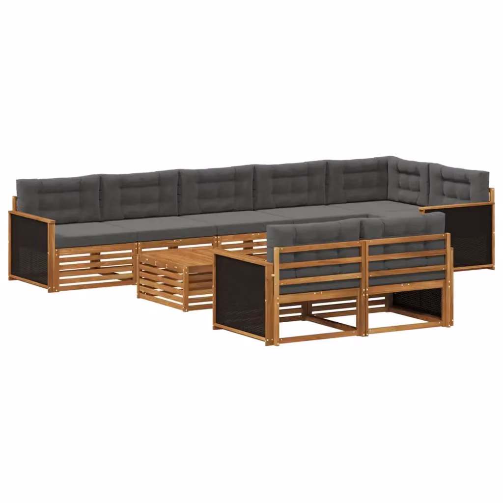 Set di divani da esterno a forma di U vidaXL in legno di acacia con cuscini grigi, 9 pezzi – 2