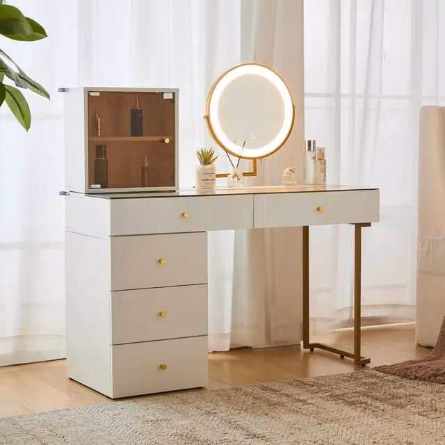 Toeletta Mivray con specchio LED a tre colori e luce regolabile, bianca e oro, L/P/H: 120 x 45 x 115 cm