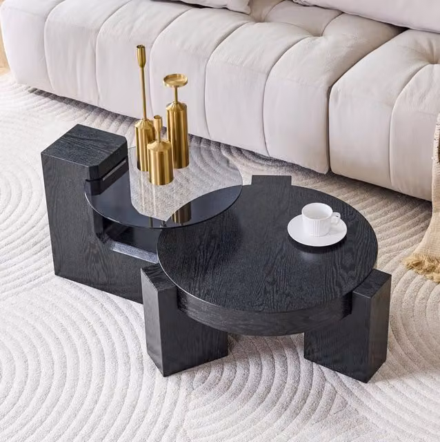 Tavolino da caffè rotondo a due livelli in MDF effetto legno nero e vetro grigio; 61 cm