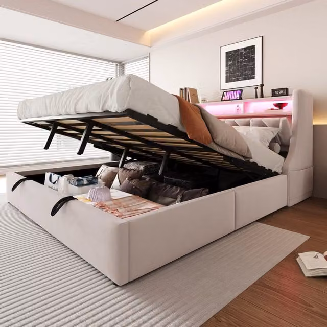 Letto 180x200 cm in velluto beige con contenitore idraulico salvaspazio –