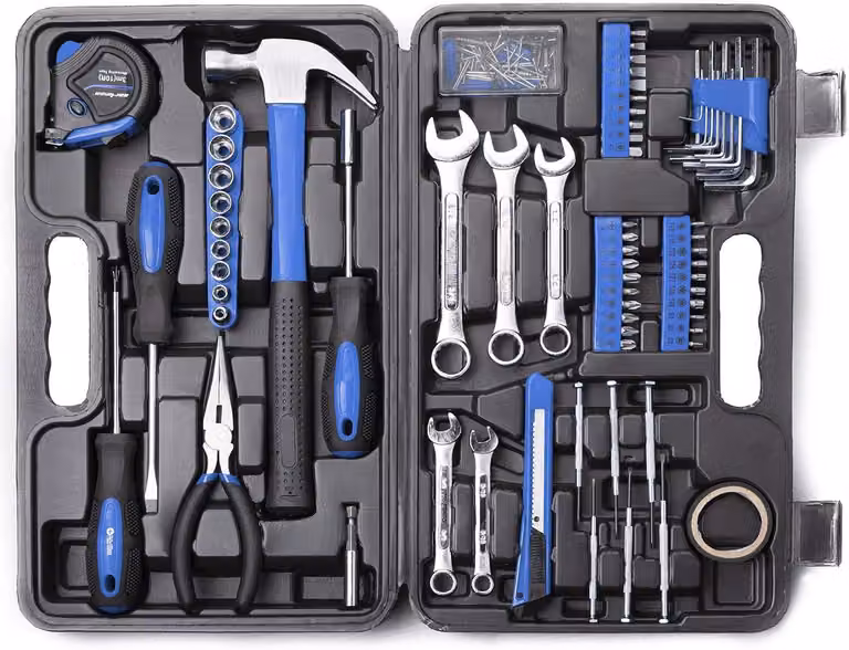 Set di utensili da 148 pezzi, attrezzi manuali con custodia in plastica, resistenti alla corrosione, di colore blu, per