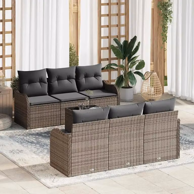 Set Divano da Giardino vidaXL 7 Pezzi in Polyrattan e Metallo Grigio con Cuscini e Tavolino
