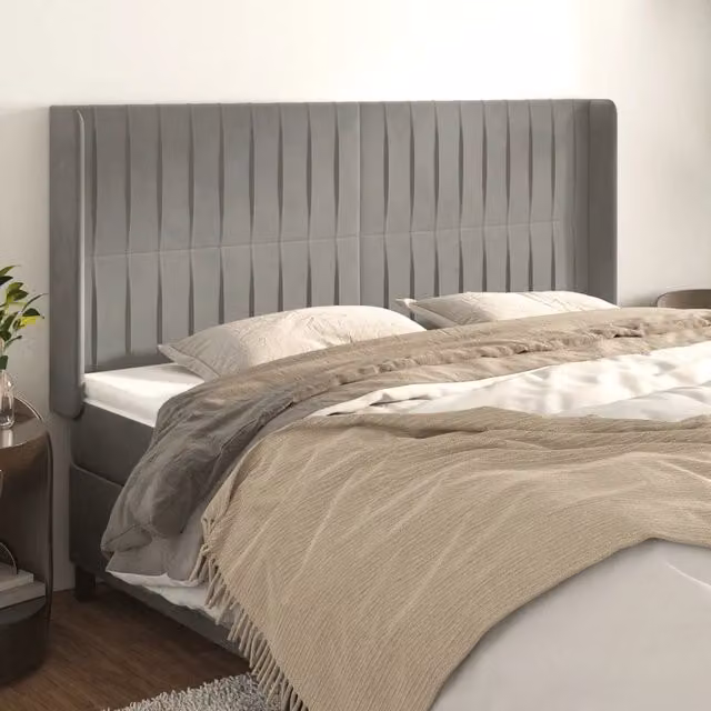 Testiera con Orecchie Design Mania in Velluto Grigio Chiaro L: 203 cm, P: 16 cm, H: 118/128 cm – 1