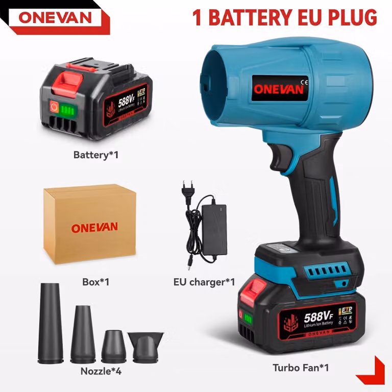 Soffiatore elettrico per foglie - Motore turbo brushless - 300.000 giri/min - Senza fili - 18 V - 1 batteria + caricabatterie UE