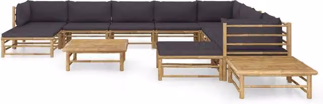 Set Salotto da Giardino vidaXL in Bambù con Cuscini Grigio con Divano a L, Tavolino e Pouf