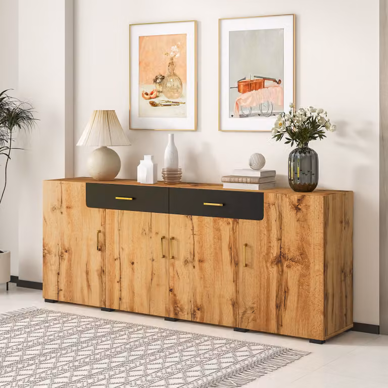 okwish Cassettiera, mobile da cucina, mobile contenitore, cassettiera a 4 ante, 2 cassetti, buffet (208 x 39,5 x 80 cm)