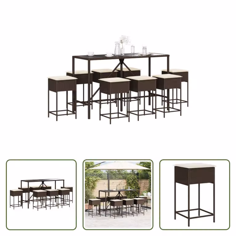 The Living Store Set bar da giardino 9 pezzi con cuscini in poly rattan marrone