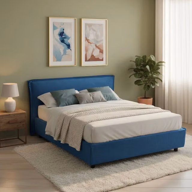 Letto alla francese Brienza DMORA con materasso incluso, base contenitore lift-up, blu, L: 120 cm x P: 200 cm