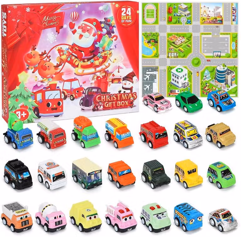 Calendario dell'Avvento 2026 a tema auto per bambini - Calendario natalizio con auto per ragazzi - 24 pezzi, calendario natalizio con auto assortite, da riempire per bambini