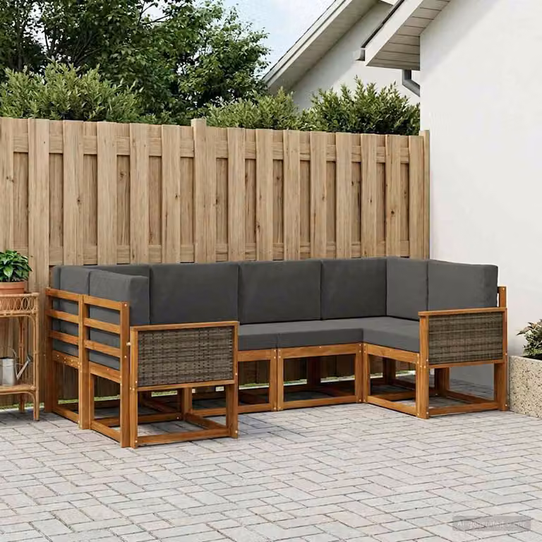 Set di divani da esterno vidaXL a forma di L in legno di acacia con cuscini, 6 pezzi, Marrone e Antracite