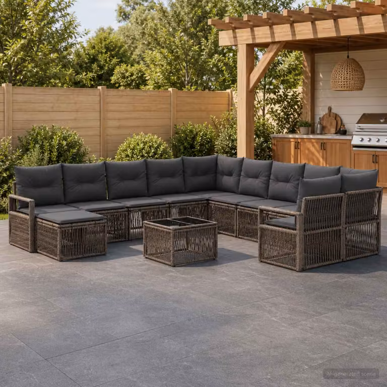 Set Divano da Giardino vidaXL a forma di U in Polyrattan Grigio con Cuscini e Tavolino