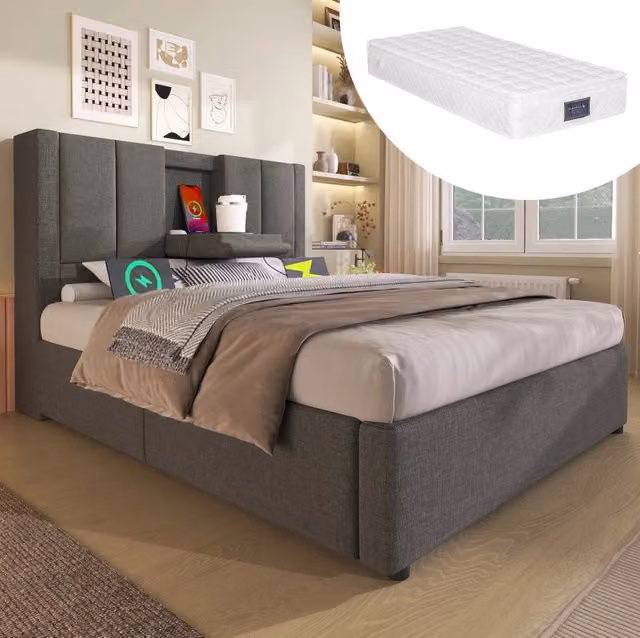 Letto imbottito 90x200 cm con contenitore; portabicchiere e stazione di ricarica; grigio