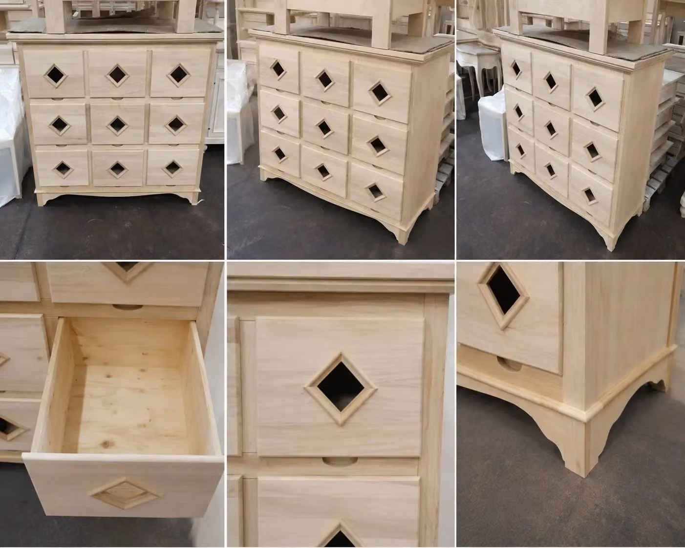 Cassettiera classica in legno grezzo con 9 cassetti Mobili 2G L: 147 cm, P: 55 cm, H: 119 cm – 1